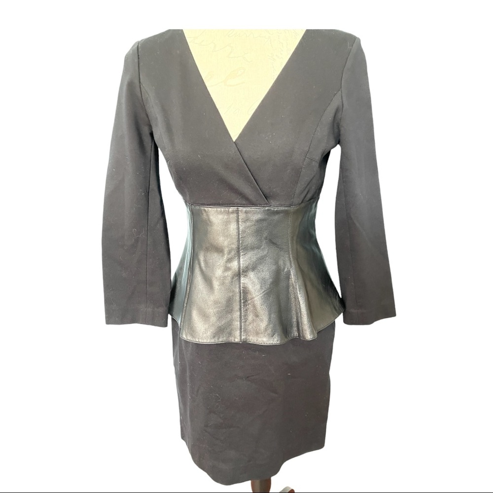 TERI JON BLACK DRESS WITH LEATHER PEPLUM SZ 6 VINTAGE! EUC